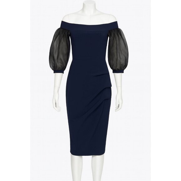 Chiara Boni Midnight Blue Midi Dress with Sheer Sleeves